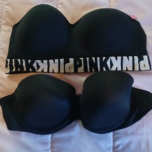 PINK Black Strapless Bandeau and Strapless Bra Set